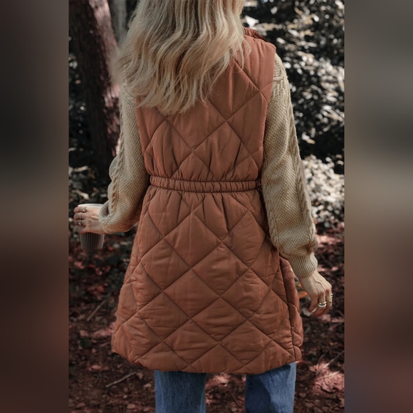 Pocketed Zipper and Button Puffy Vest Coat - Picture 3 of 8